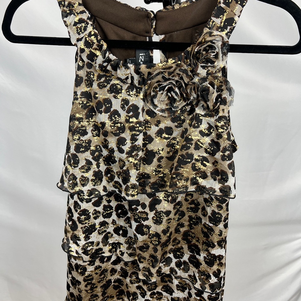 Iz Byer Black Brown Leopard-Print Ruffle Shirt with Gold Accents